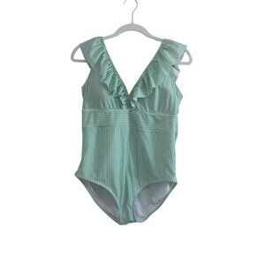 Aava Women's Green and White Striped One Piece Swimsuit Size XL